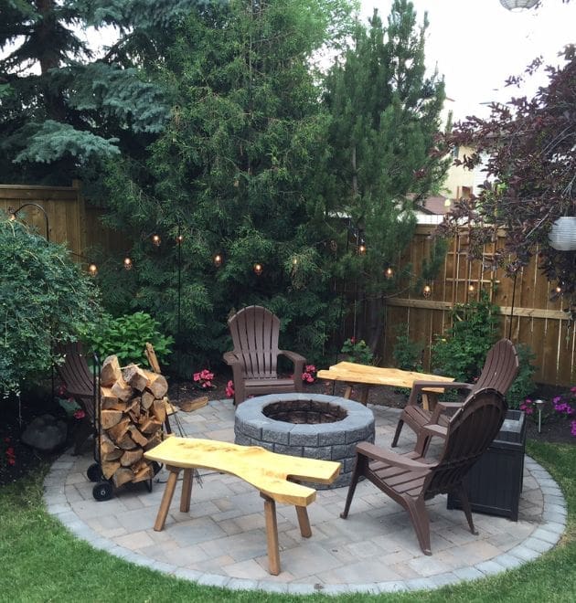 New Look Landscapes Calgary - Projects: Backyard Firepit and Patio with Adirondack Chairs, Trees, Garden and Twinkle Lights